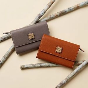 Dooney & Bourke Saffiano Leather Flap Wallet in Camel